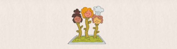Three drawn figures grow like flowers from a bed of grass surrounded by a cement berm. Each is a smiling head atop an individual flower stem.
