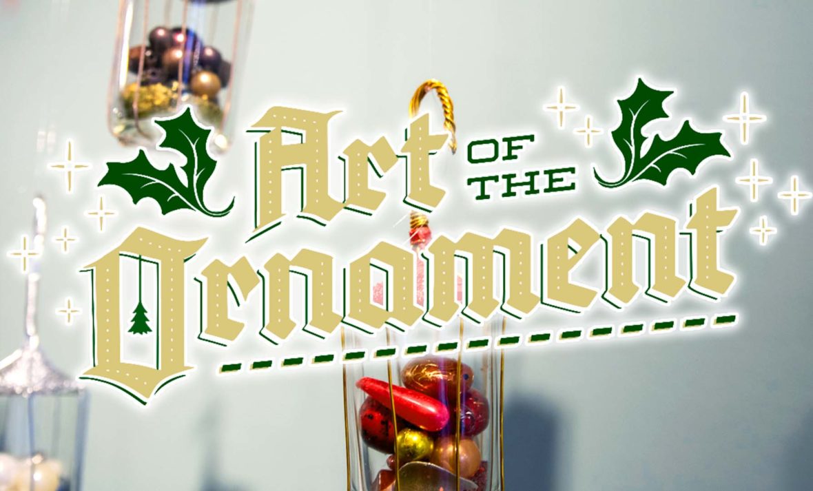 2021 Art of the Ornament logo in gold with dark green holly leaves overlaps a photo of birdcage ornaments from 2019 filled with red and blue foil eggs.