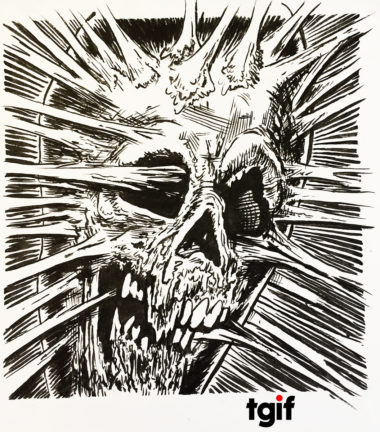 Pen and ink illustration of a decaying skull in the style of a comic book. The skull seems to be exploding or made of sticky goo.