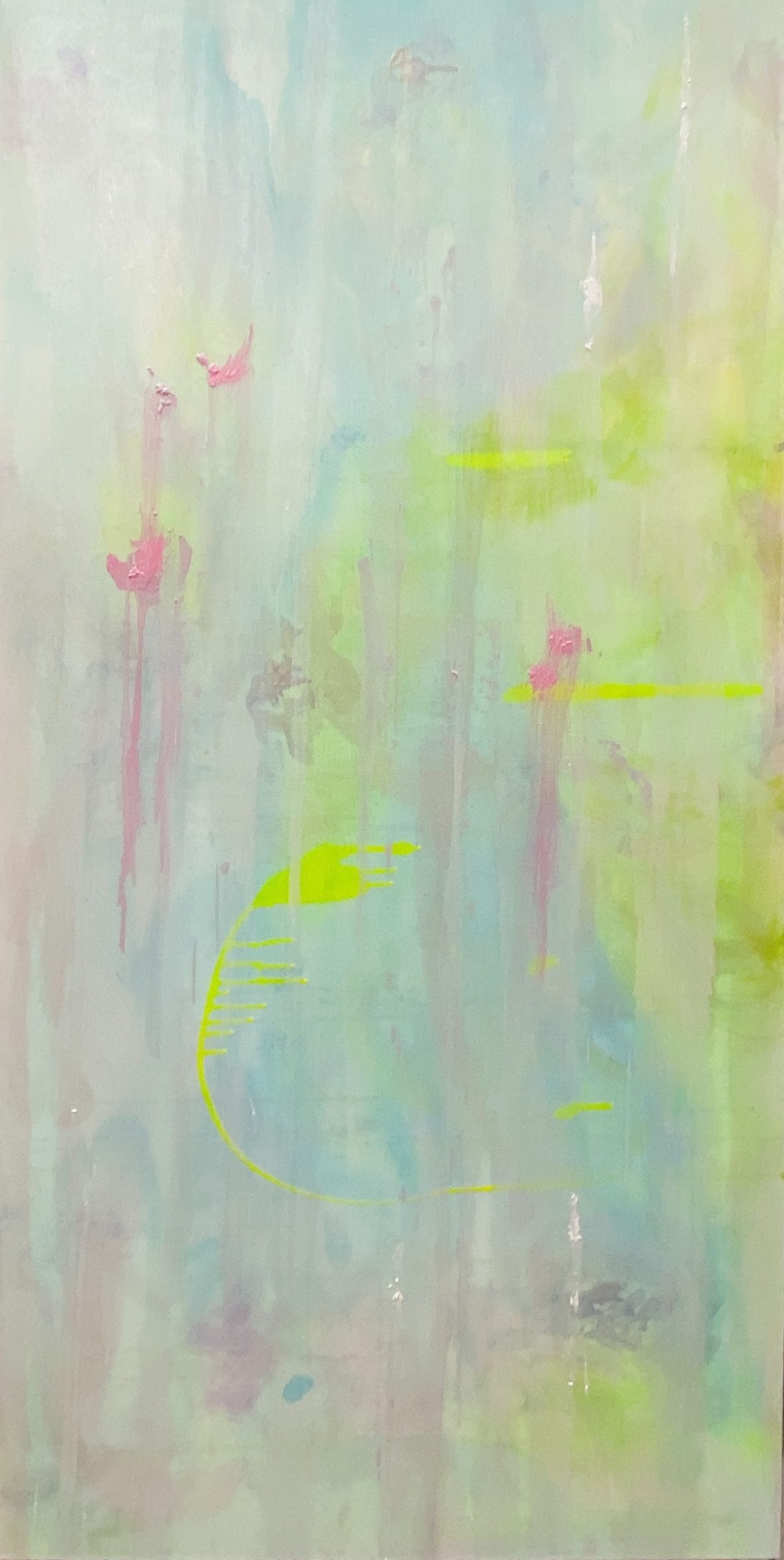 a long, vertical painting of swathing, scratchy lime greens, aqua blues, bubblegum pinks, and plaster whites